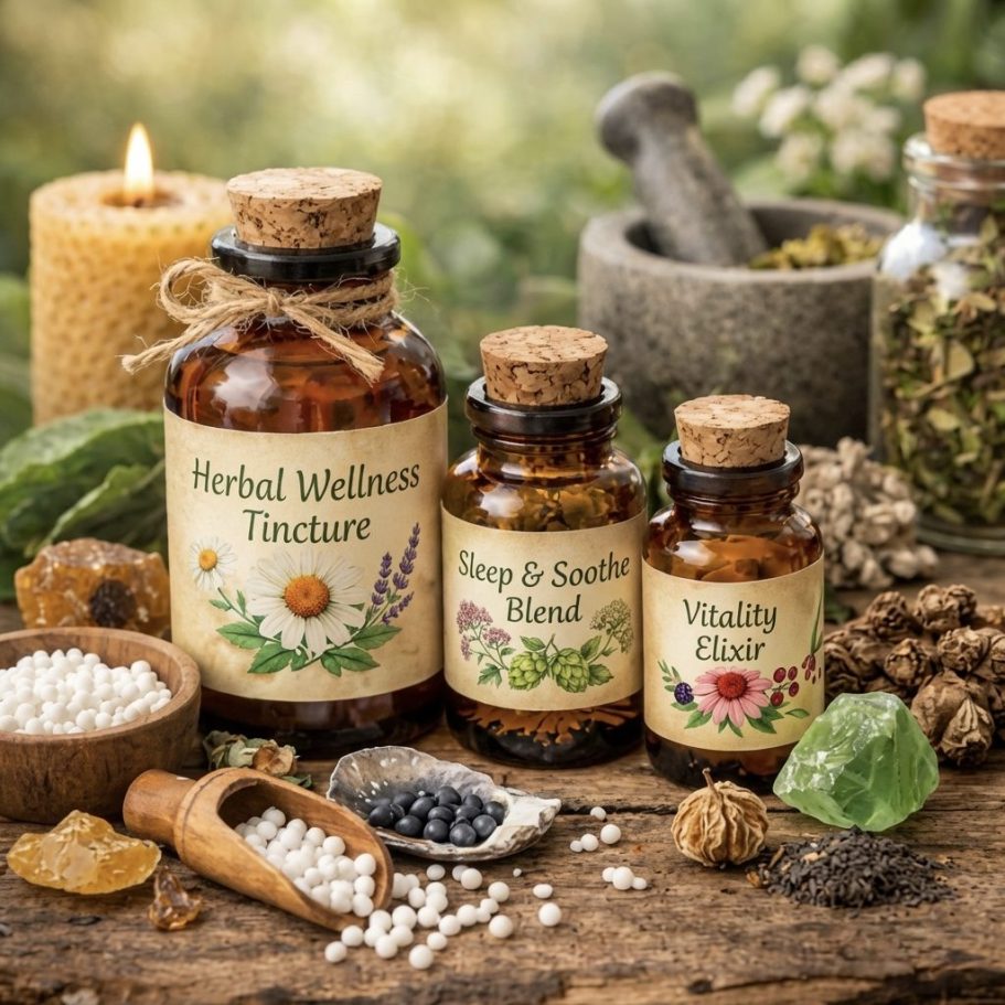 Homeopathy tools and ingredients Pestle and mortar and some bottles of herbal tinctures on a table with crystals and a candle