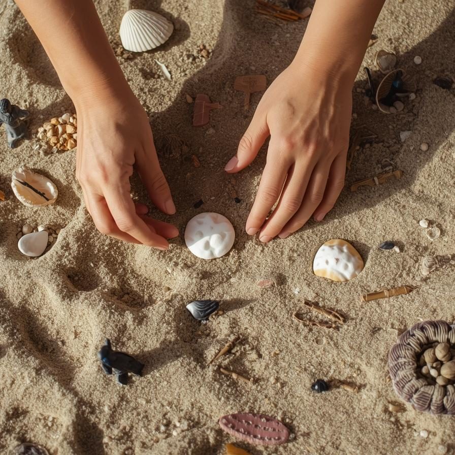 Sandplay therapy image shows someone's hands playing with shells in the sand
